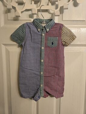 Colorblock Check Button-Down Toddler Romper - Blue/Red/Green/Yellow